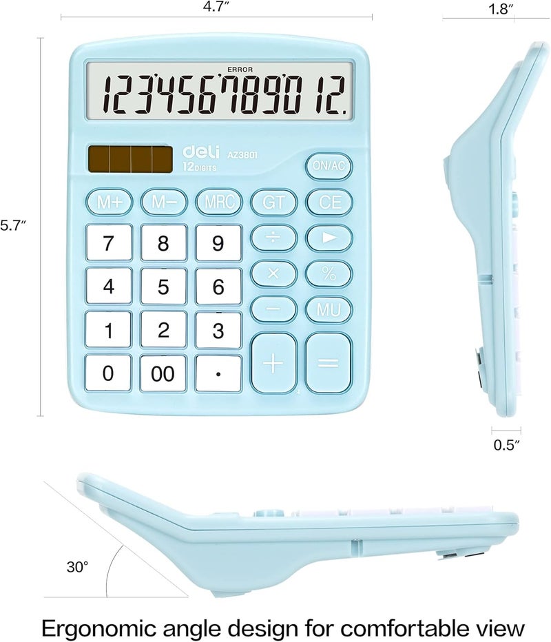 Deli Calculator, Standard Function Desktop Calculators with 12 Digit Large LCD Display and Sensitive Button, Solar Battery Dual Power Office Calculator, Blue - Image 2